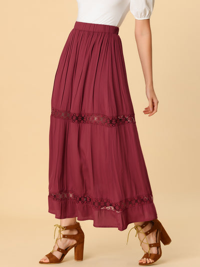 Long Elastic Waist Swing A-Line Lace Insert Maxi Skirt