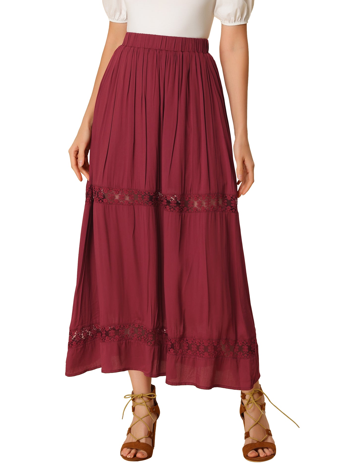 Allegra K Long Elastic Waist Swing A-Line Lace Insert Maxi Skirt