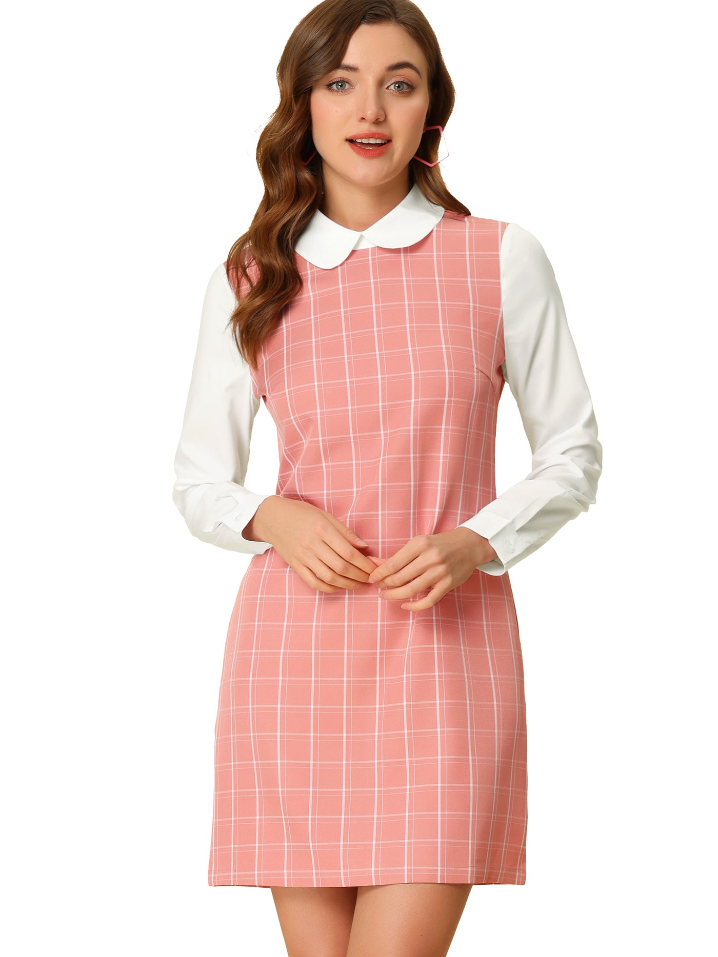 Allegra K Contrast Peter Pan Collar Long Sleeve Shift Plaid Dress