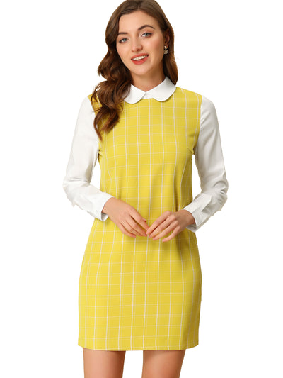 Contrast Peter Pan Collar Long Sleeve Shift Plaid Dress