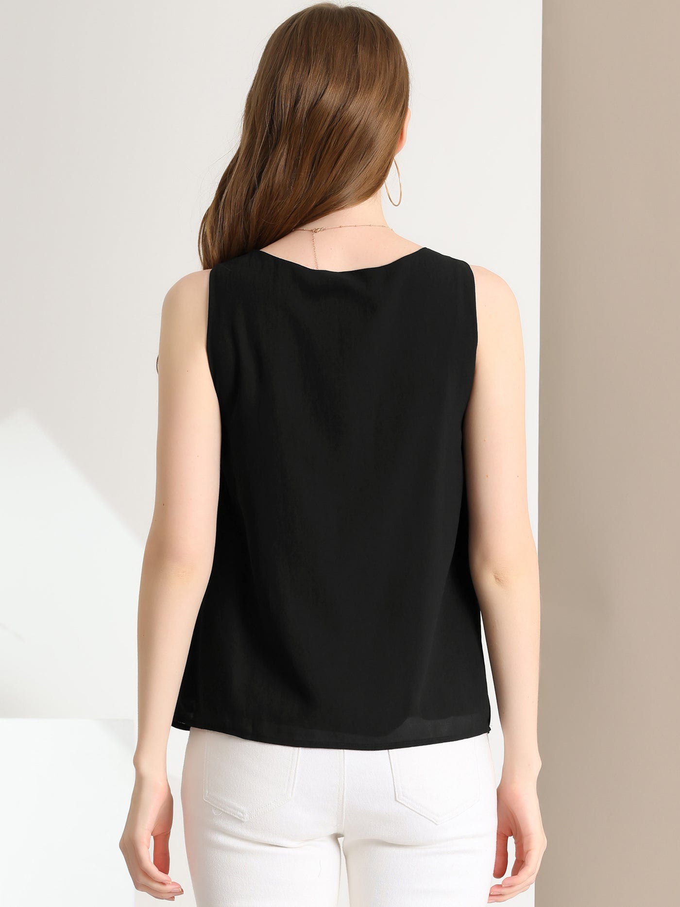 Allegra K Tank Top Sleeveless Layering Pleated Front Lined Chiffon Blouse