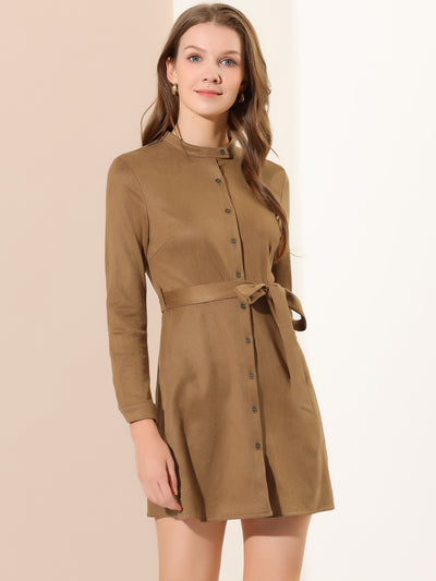 Casual Long Sleeve Faux Suede Belted Button Down Mini Dress