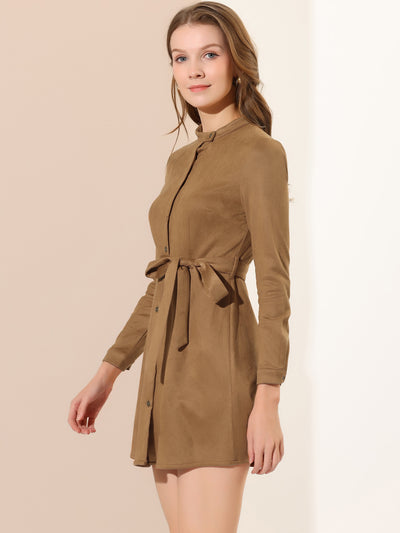 Casual Long Sleeve Faux Suede Belted Button Down Mini Dress