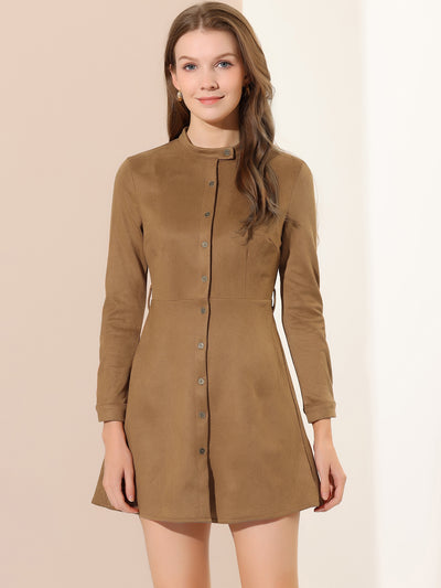 Casual Long Sleeve Faux Suede Belted Button Down Mini Dress