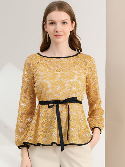 Elegant Tie Waist Long Sleeve Top Lace Peplum Blouses