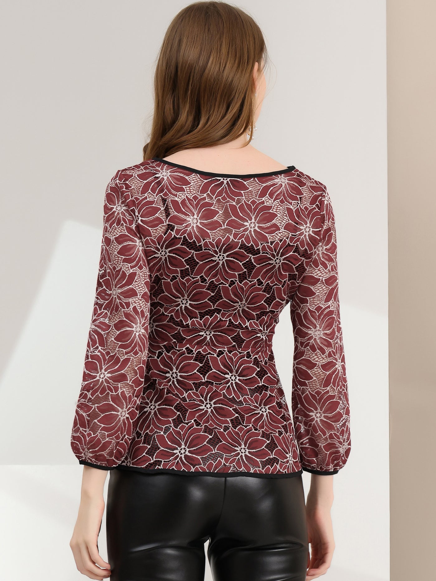 Allegra K Elegant Tie Waist Long Sleeve Top Lace Peplum Blouses