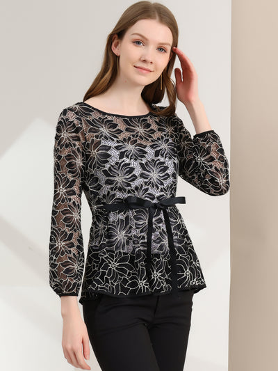 Elegant Tie Waist Long Sleeve Top Lace Peplum Blouses