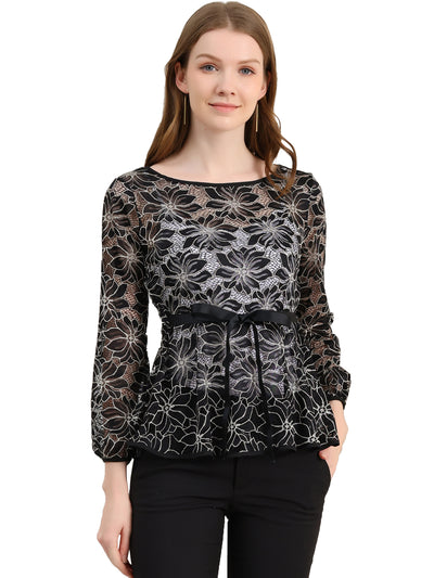 Elegant Tie Waist Long Sleeve Top Lace Peplum Blouses