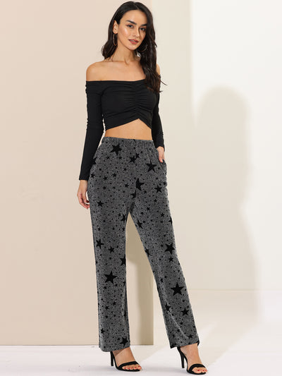 Sparkle High Waist Stretch Wide Leg Shiny Star Print Pants