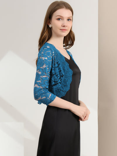 3/4 Sleeves Sheer Floral Lace Cropped Bolero Shrug