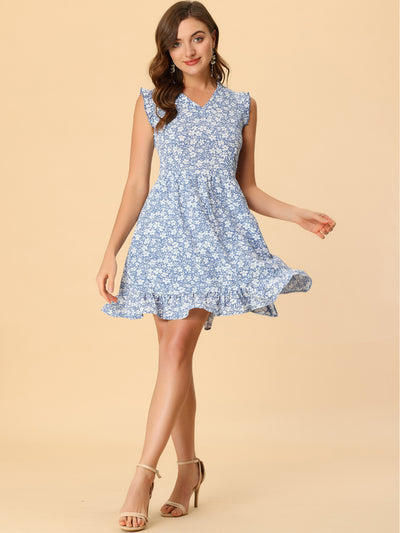 Floral Print V Neck A-Line Summer Sleeveless Ruffle Mini Dress Sundress