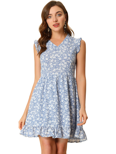 Floral Print V Neck A-Line Summer Sleeveless Ruffle Mini Dress Sundress