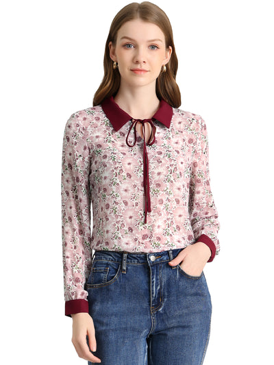 Floral Tops Contrast Tie Neck Long Sleeve Sheer Top