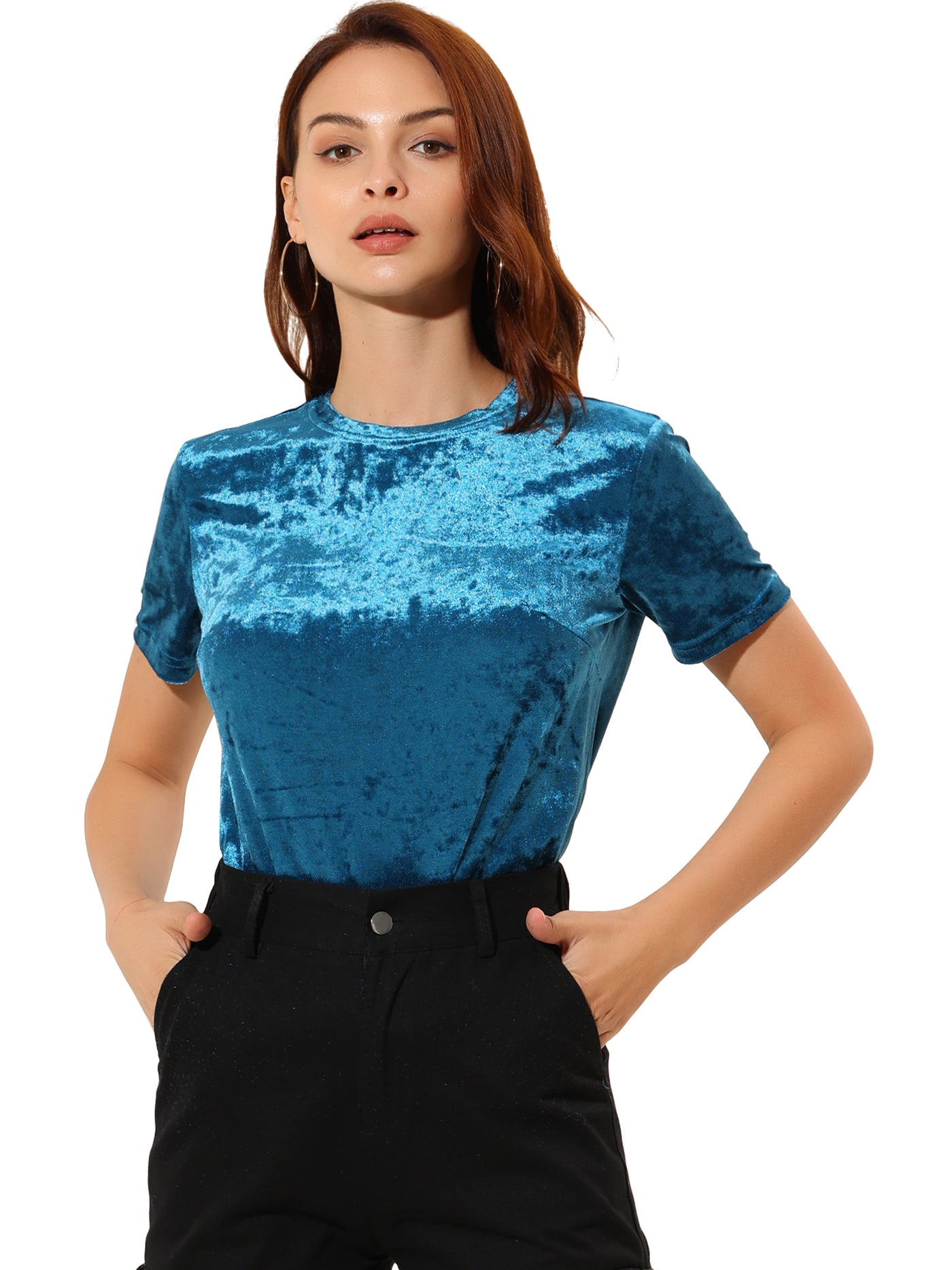 Allegra K Velvet Top Crew Neck Short Sleeve Casual T-Shirt