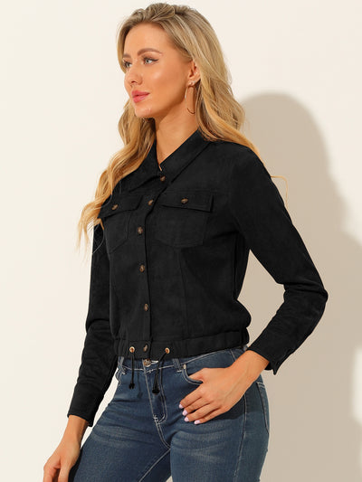 Faux Suede Point Collar Button Down Cropped Moto Biker Jacket