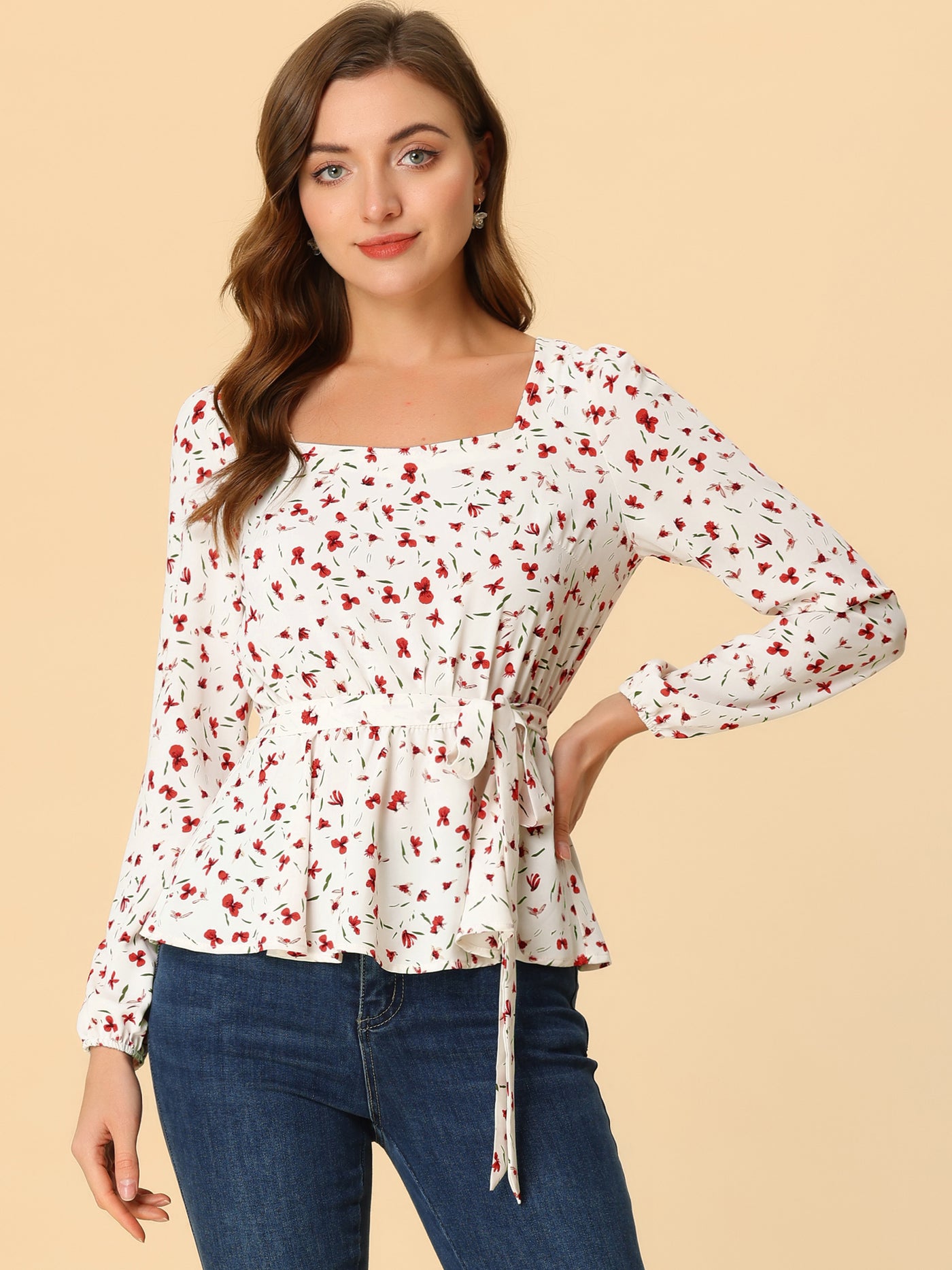 Allegra K Long Sleeve Square Neck Belted Peplum Floral Top Blouse