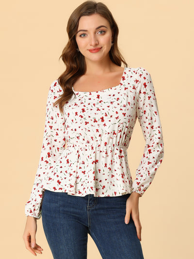 Long Sleeve Square Neck Belted Peplum Floral Top Blouse