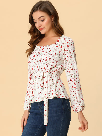 Long Sleeve Square Neck Belted Peplum Floral Top Blouse