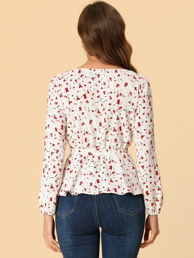 Long Sleeve Square Neck Belted Peplum Floral Top Blouse