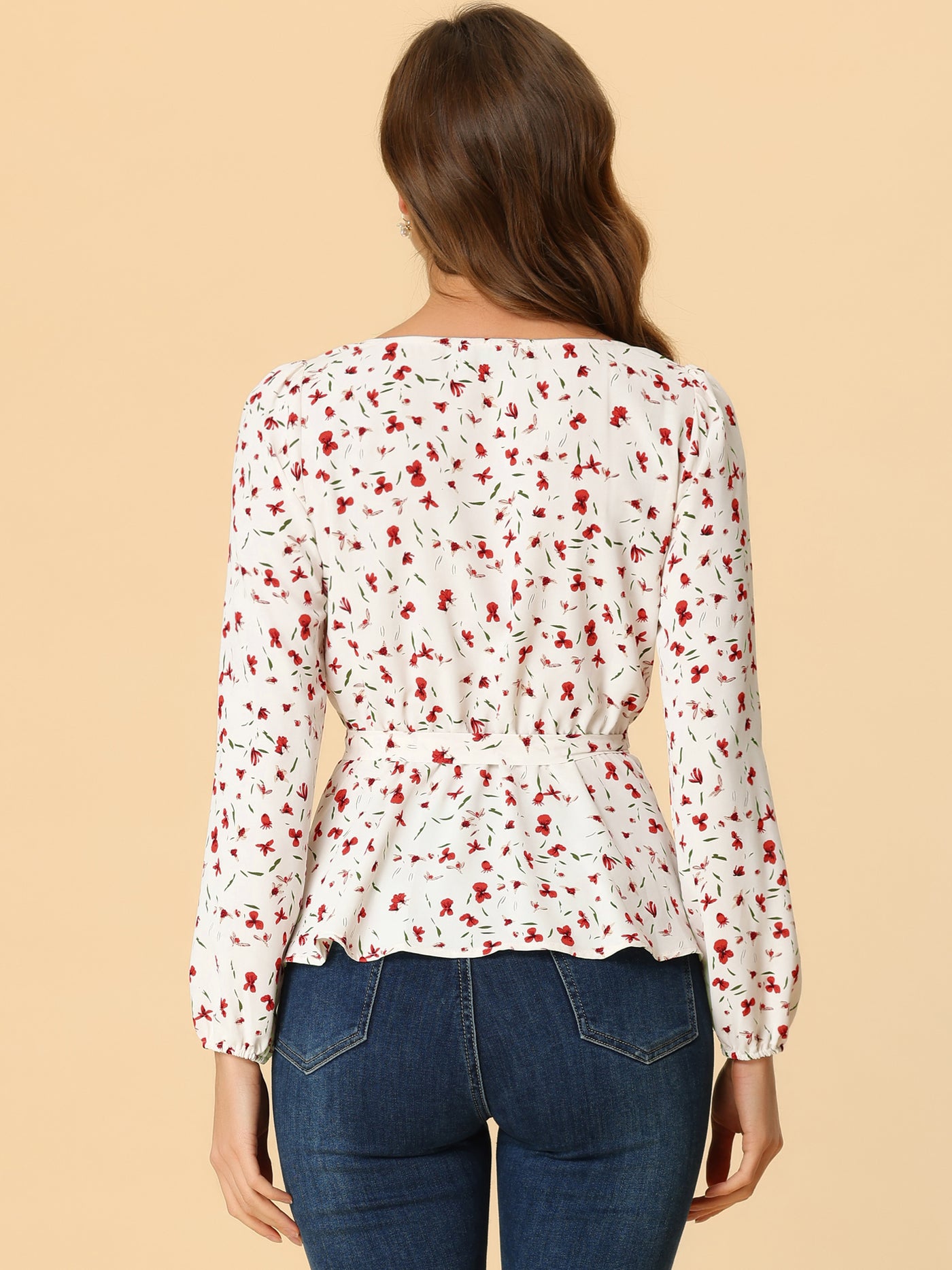 Allegra K Long Sleeve Square Neck Belted Peplum Floral Top Blouse