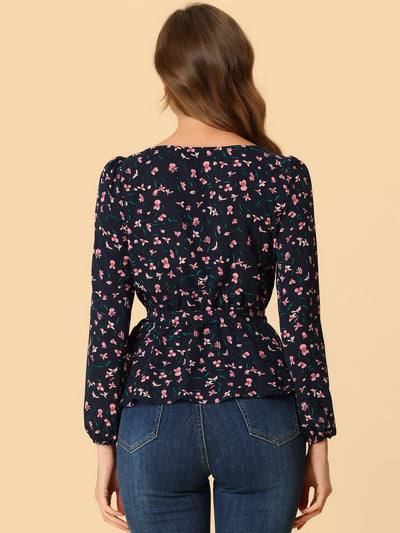 Long Sleeve Square Neck Belted Peplum Floral Top Blouse