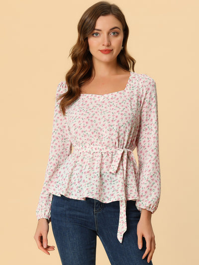 Long Sleeve Square Neck Belted Peplum Floral Top Blouse