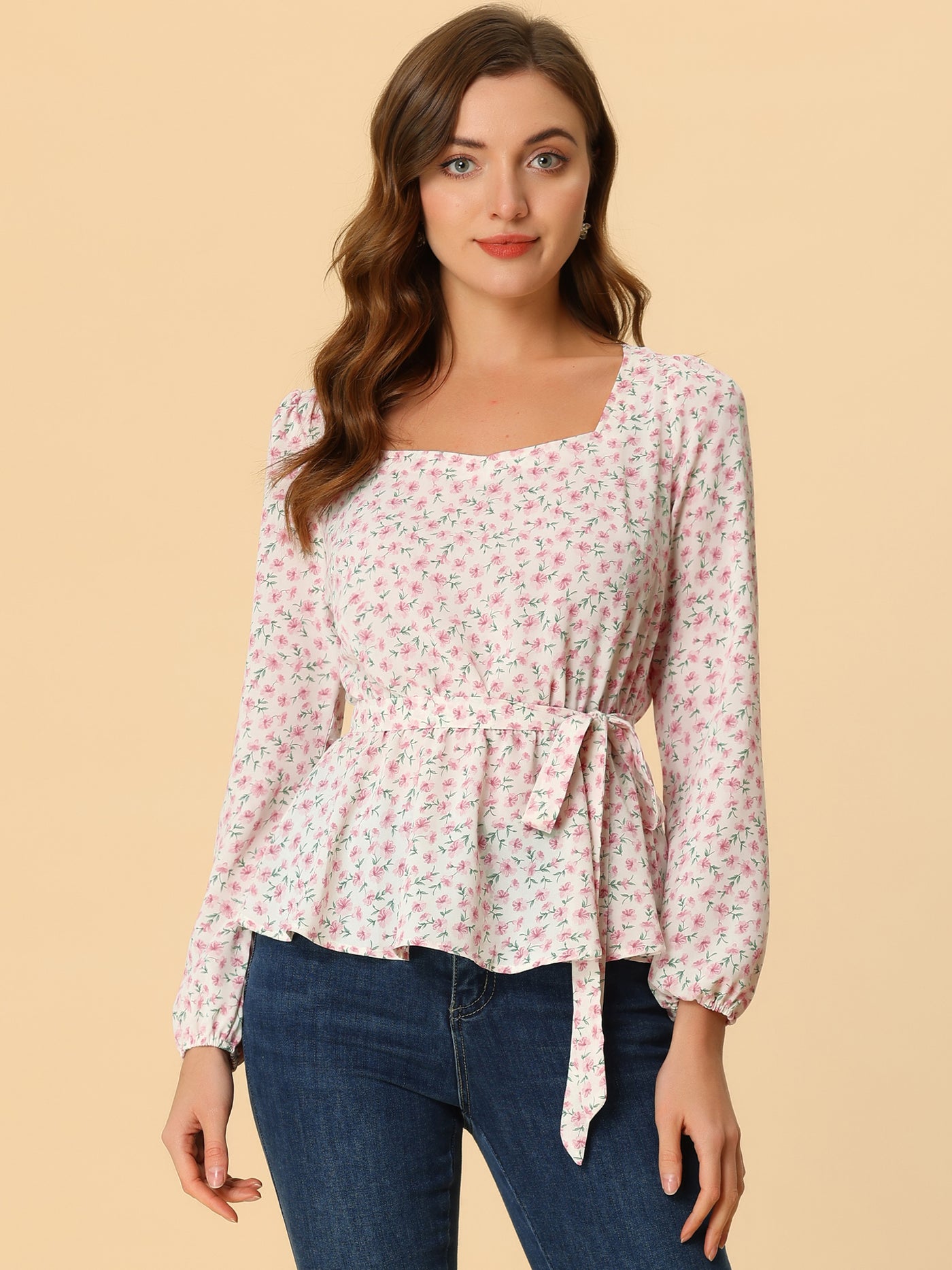 Allegra K Long Sleeve Square Neck Belted Peplum Floral Top Blouse