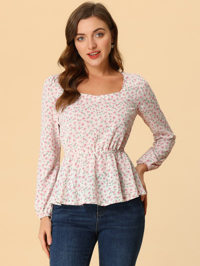 Long Sleeve Square Neck Belted Peplum Floral Top Blouse