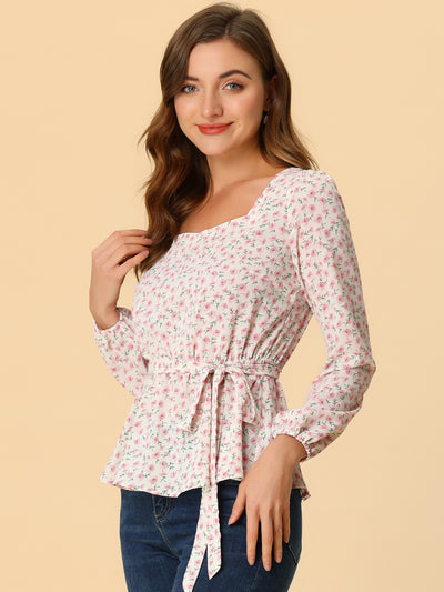 Long Sleeve Square Neck Belted Peplum Floral Top Blouse