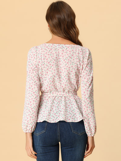 Long Sleeve Square Neck Belted Peplum Floral Top Blouse