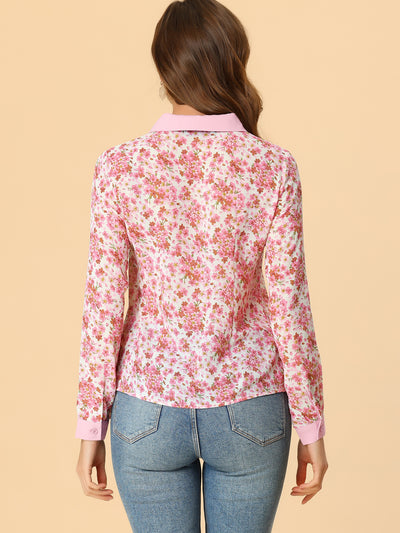 Floral Tops Contrast Tie Neck Long Sleeve Sheer Top