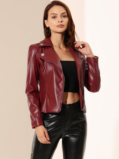 Moto Biker Zipper Long Sleeve PU Faux Leather Jacket