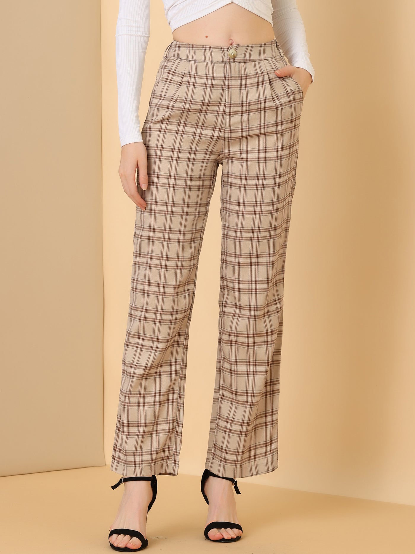 Allegra K Plaid Pants Elastic Waist Casual Work Office Long Trousers