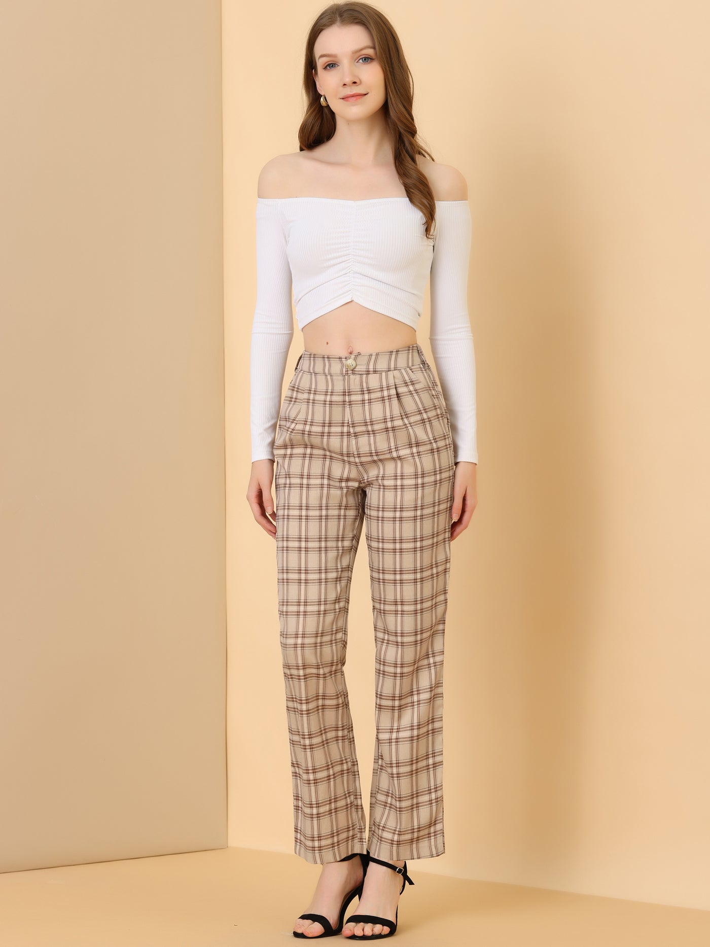 Allegra K Plaid Pants Elastic Waist Casual Work Office Long Trousers