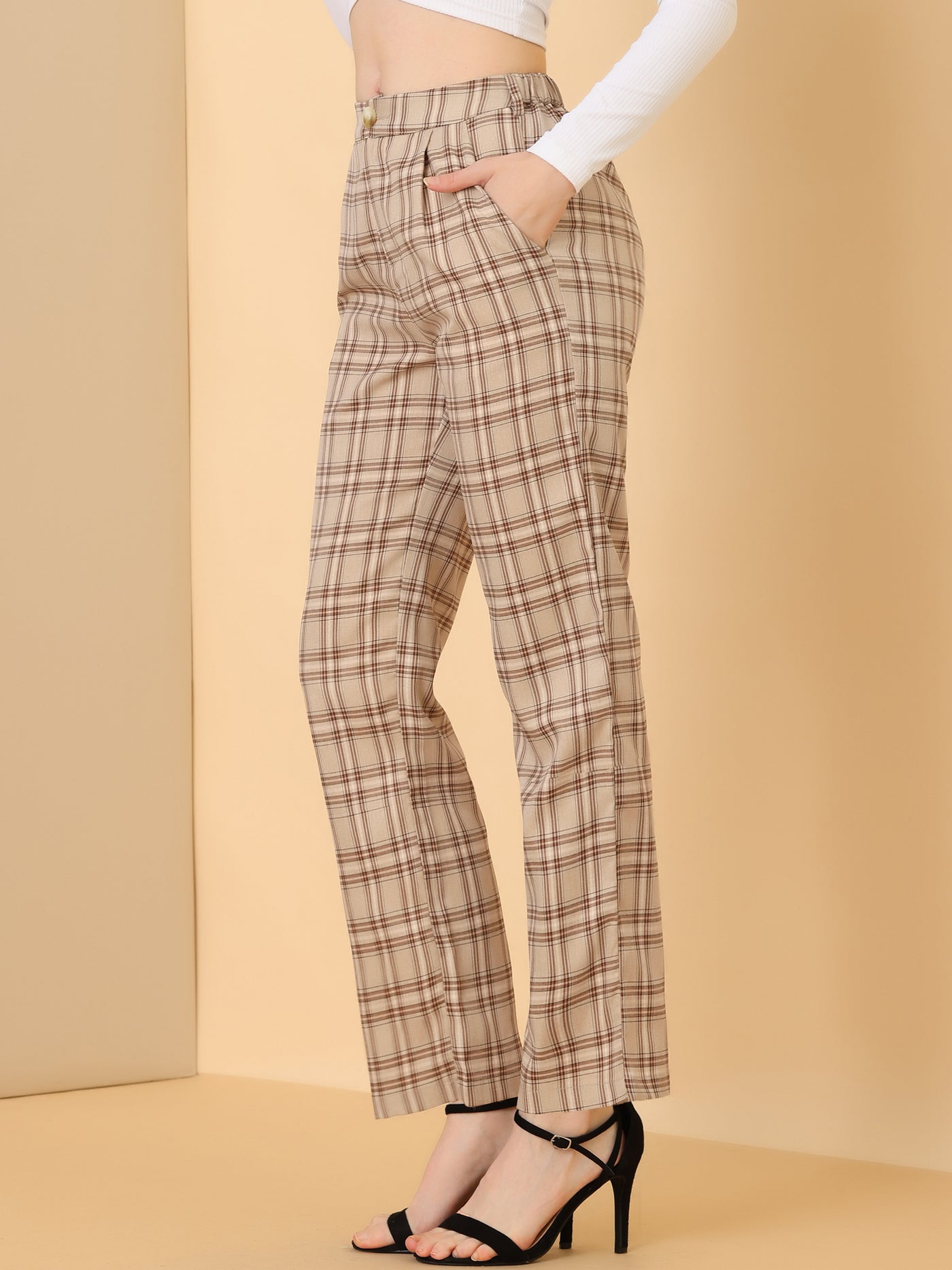 Allegra K Plaid Pants Elastic Waist Casual Work Office Long Trousers