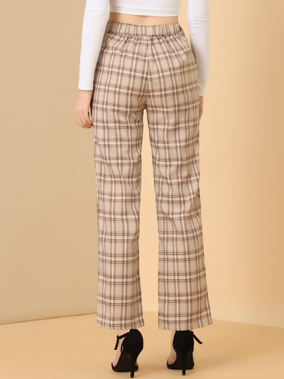 Plaid Pants Elastic Waist Casual Work Office Long Trousers