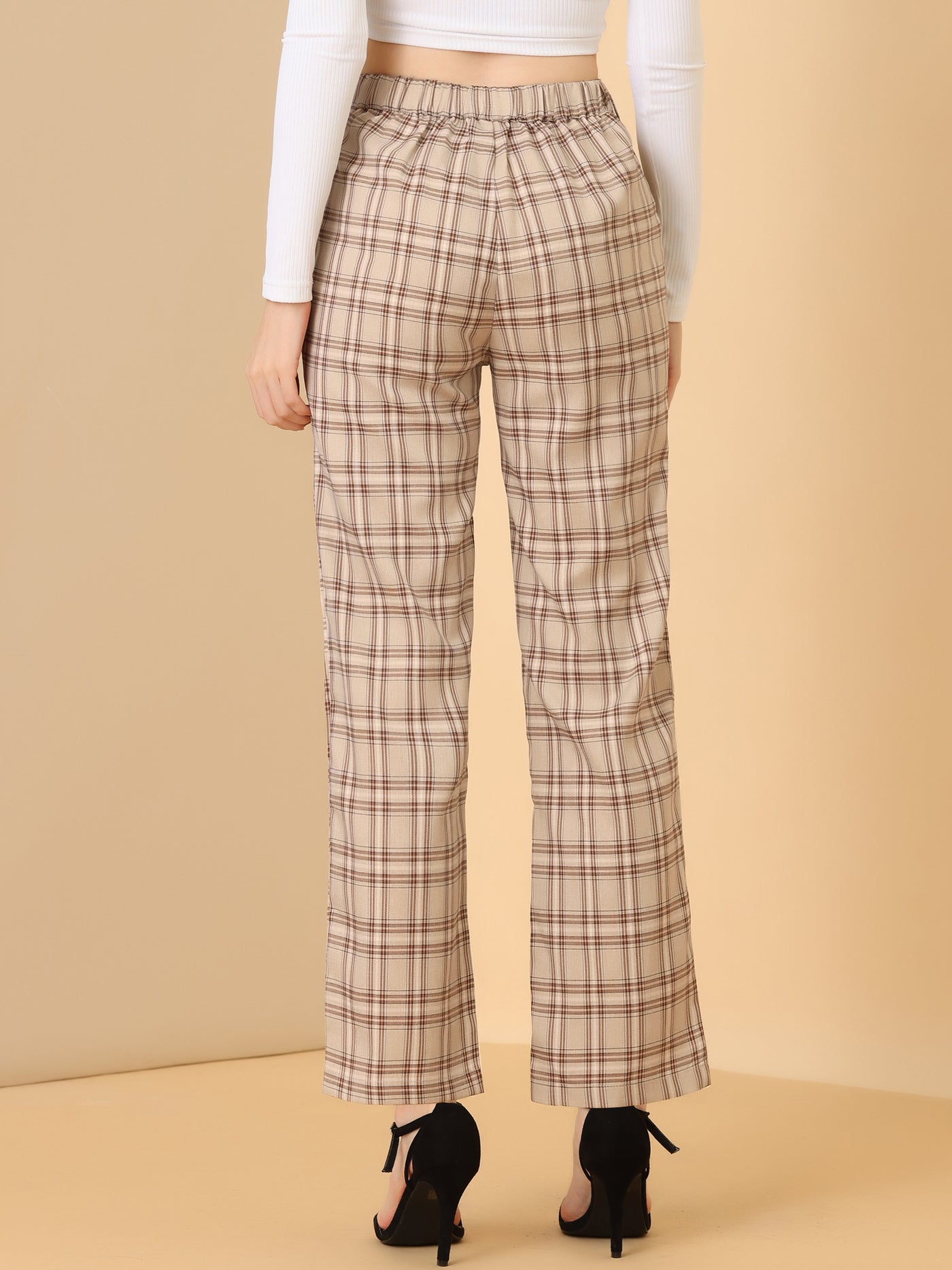 Allegra K Plaid Pants Elastic Waist Casual Work Office Long Trousers