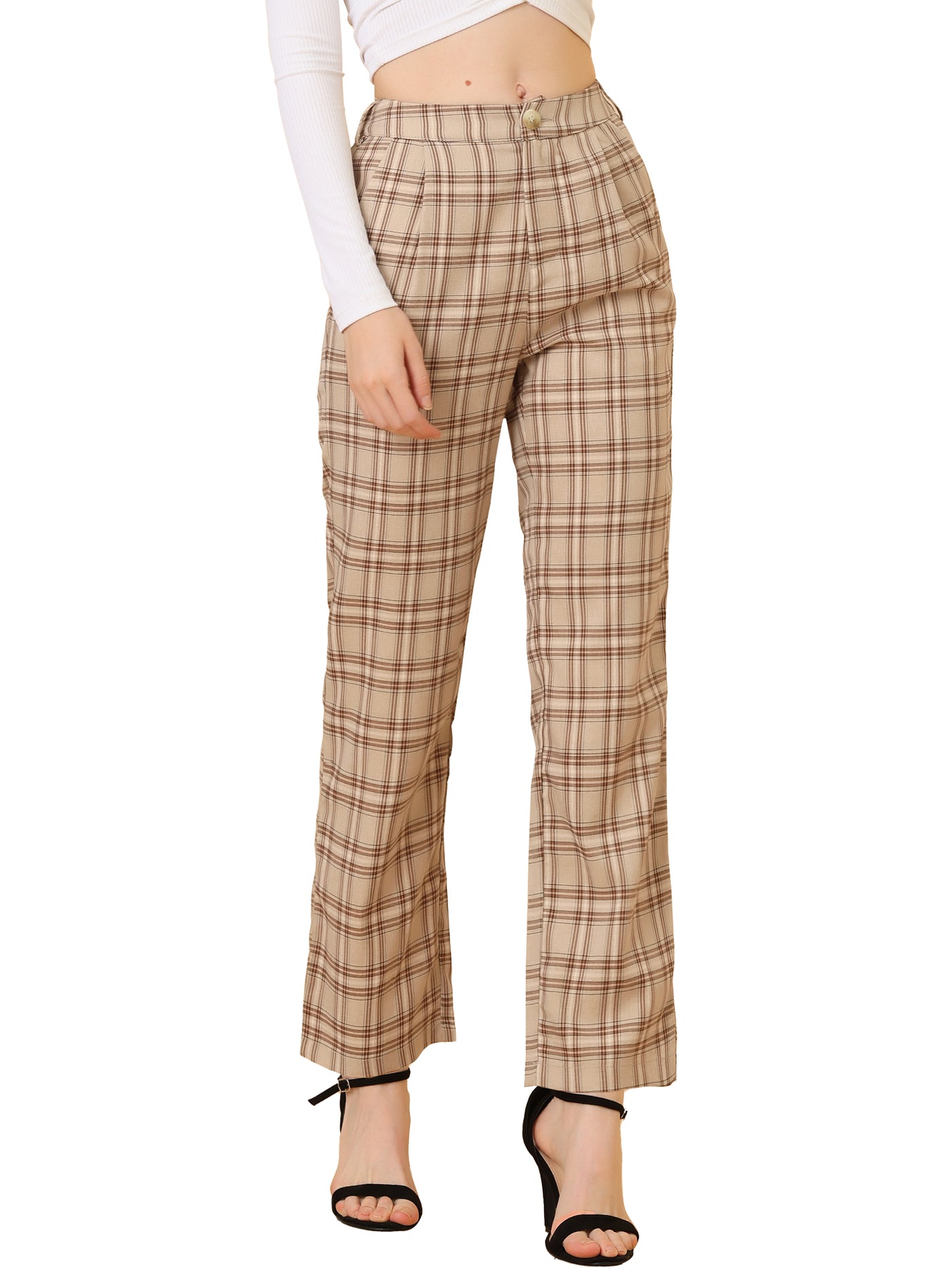 Allegra K Plaid Pants Elastic Waist Casual Work Office Long Trousers