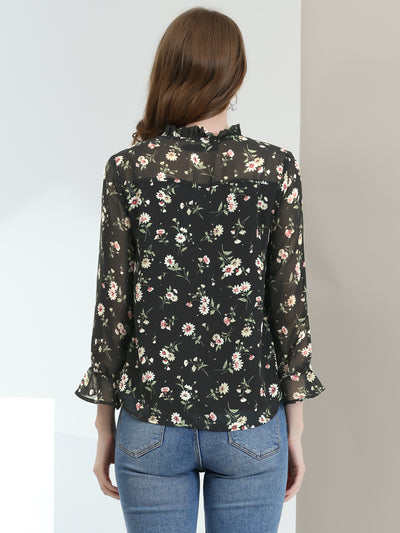 Ruffle Collar 3/4 Sleeve Tie Neck Chiffon Floral Blouse Top