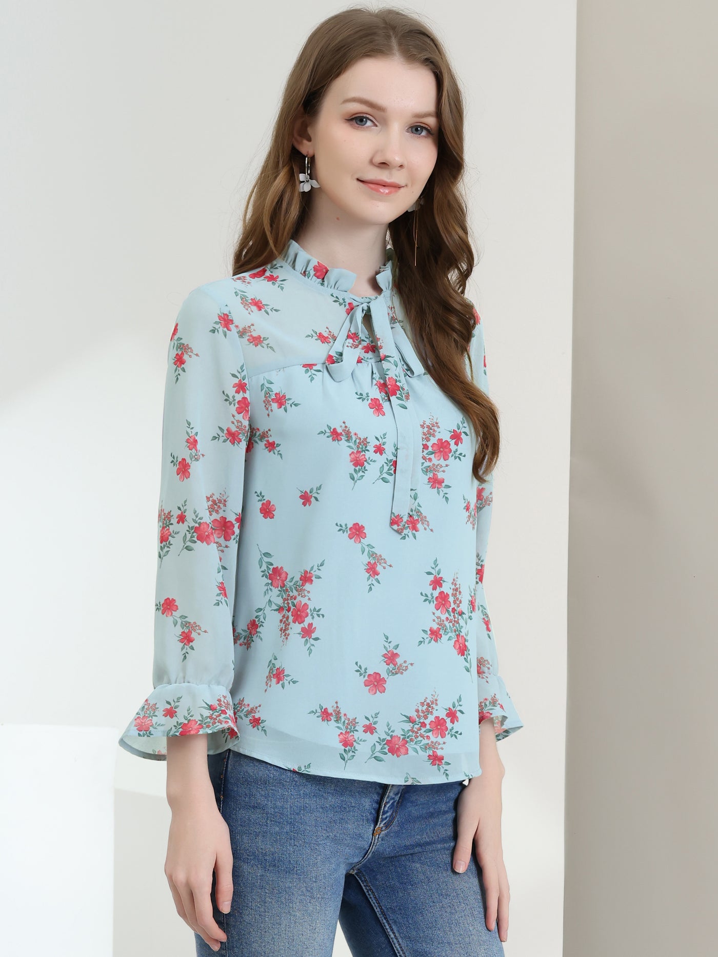 Allegra K Ruffle Collar 3/4 Sleeve Tie Neck Chiffon Floral Blouse Top