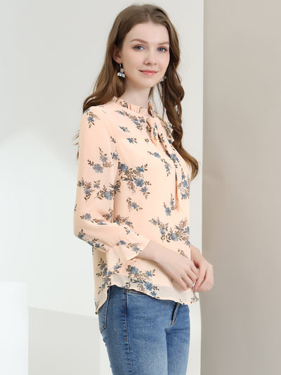 Ruffle Collar 3/4 Sleeve Tie Neck Chiffon Floral Blouse Top