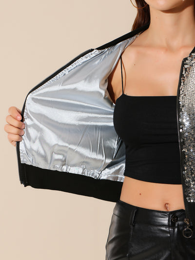 Sequin Long Sleeve Zipper Up Collarless Glitter Bomber Jacket