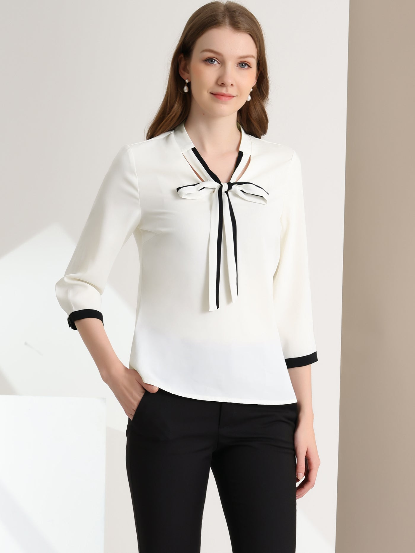 Allegra K Office Blouse Bow Tie V Neck 3/4 Sleeve Elegant Chiffon Work Tops