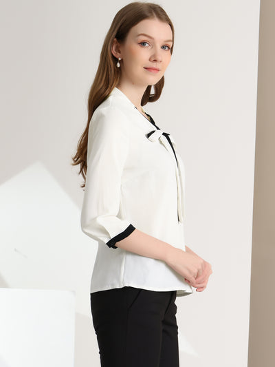 Office Blouse Bow Tie V Neck 3/4 Sleeve Elegant Chiffon Work Tops