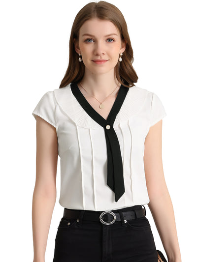 Elegant Cap Sleeve Tie Neck Pleated Work Office Blouse