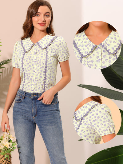 Button Down Tops 1950s Peter Pan Collar Floral Blouse