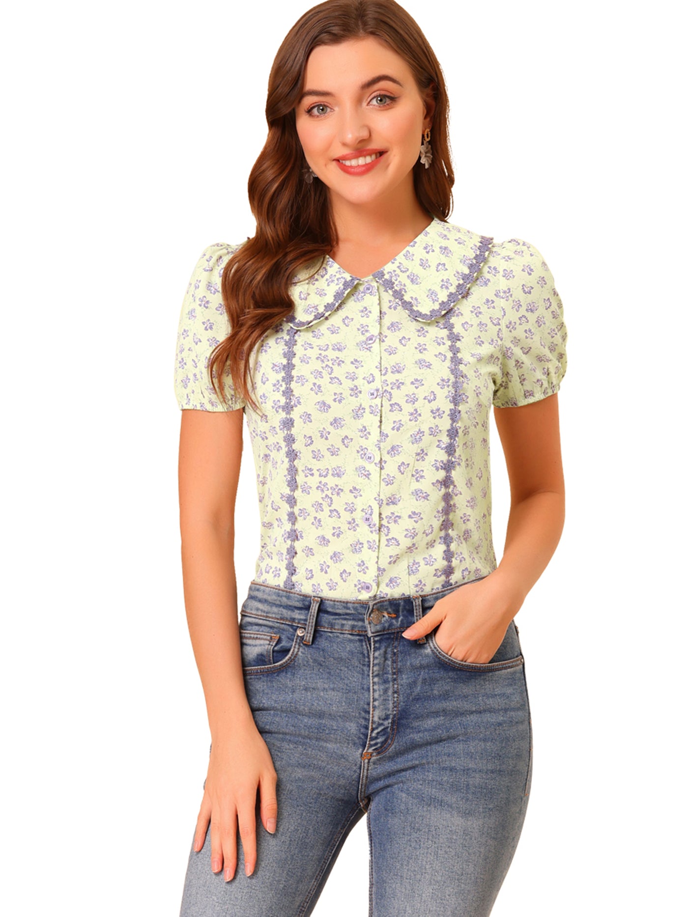 Allegra K Button Down Tops 1950s Peter Pan Collar Floral Blouse