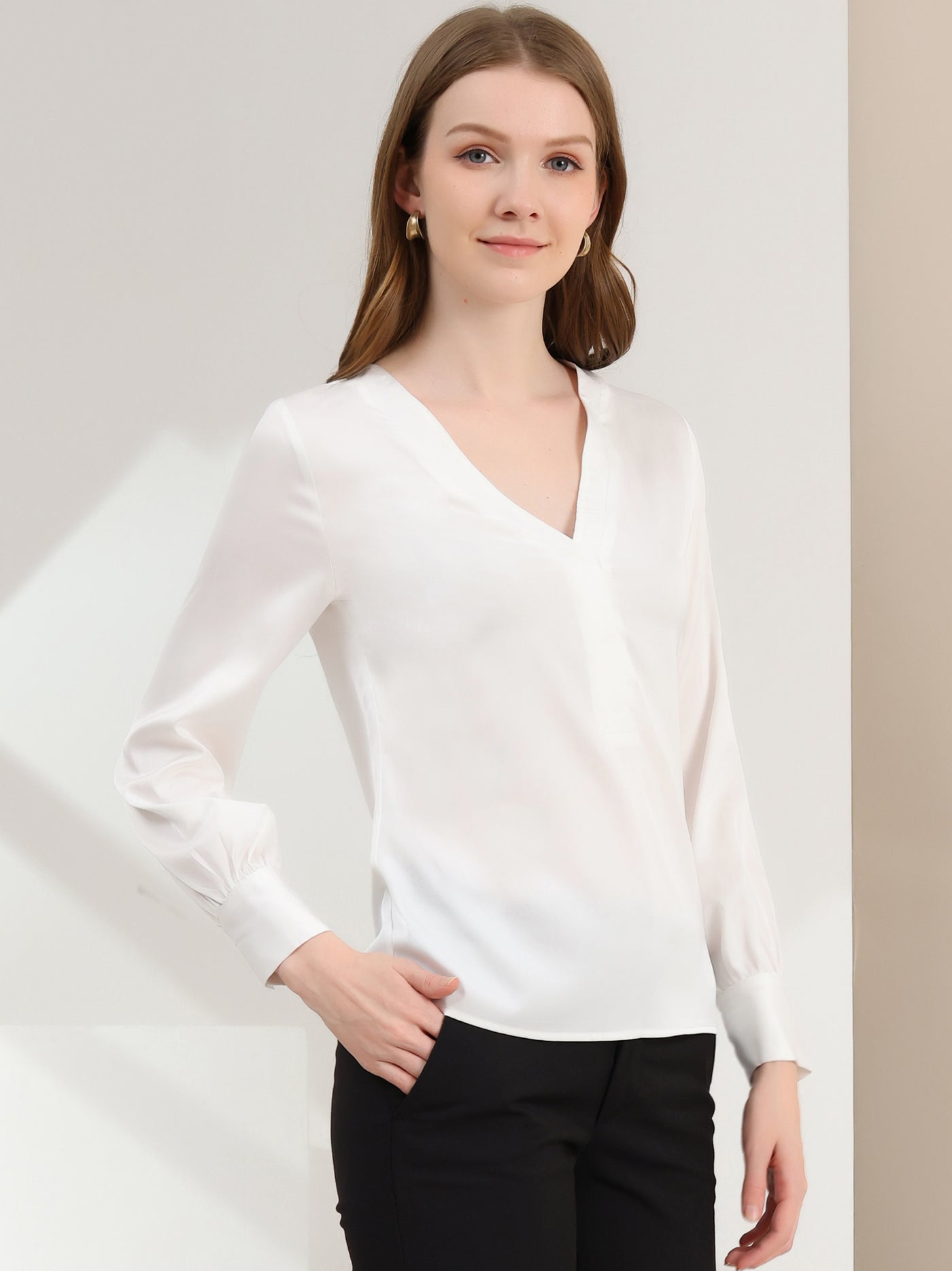 Allegra K Elegant Satin Shirt Long Sleeve Office Work Blouse Tops