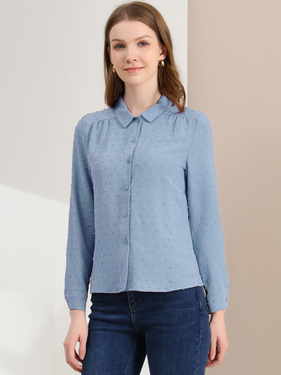 Office Point Collar Long Sleeve Swiss Dot Button Down Blouse