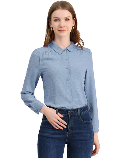 Office Point Collar Long Sleeve Swiss Dot Button Down Blouse